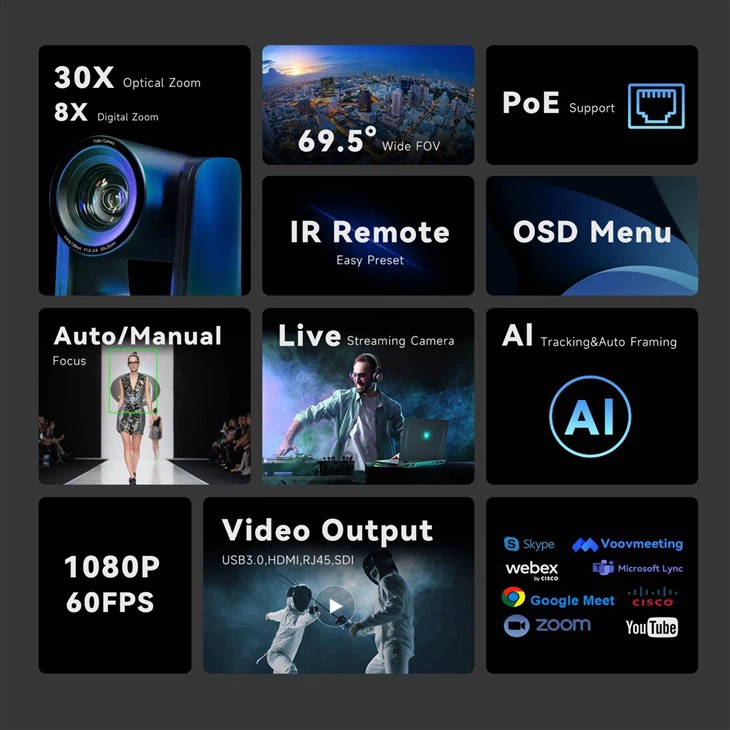 AI Auto Tracking Live Streaming PTZ Camera 1080P@60FPS 30X Optical Zoom
